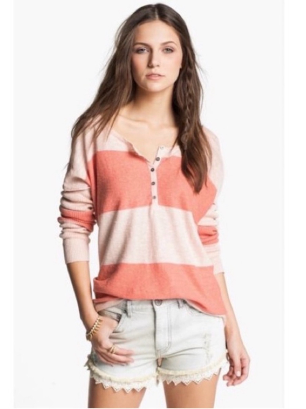 Free People Beach Linen Striped Henley Sweater